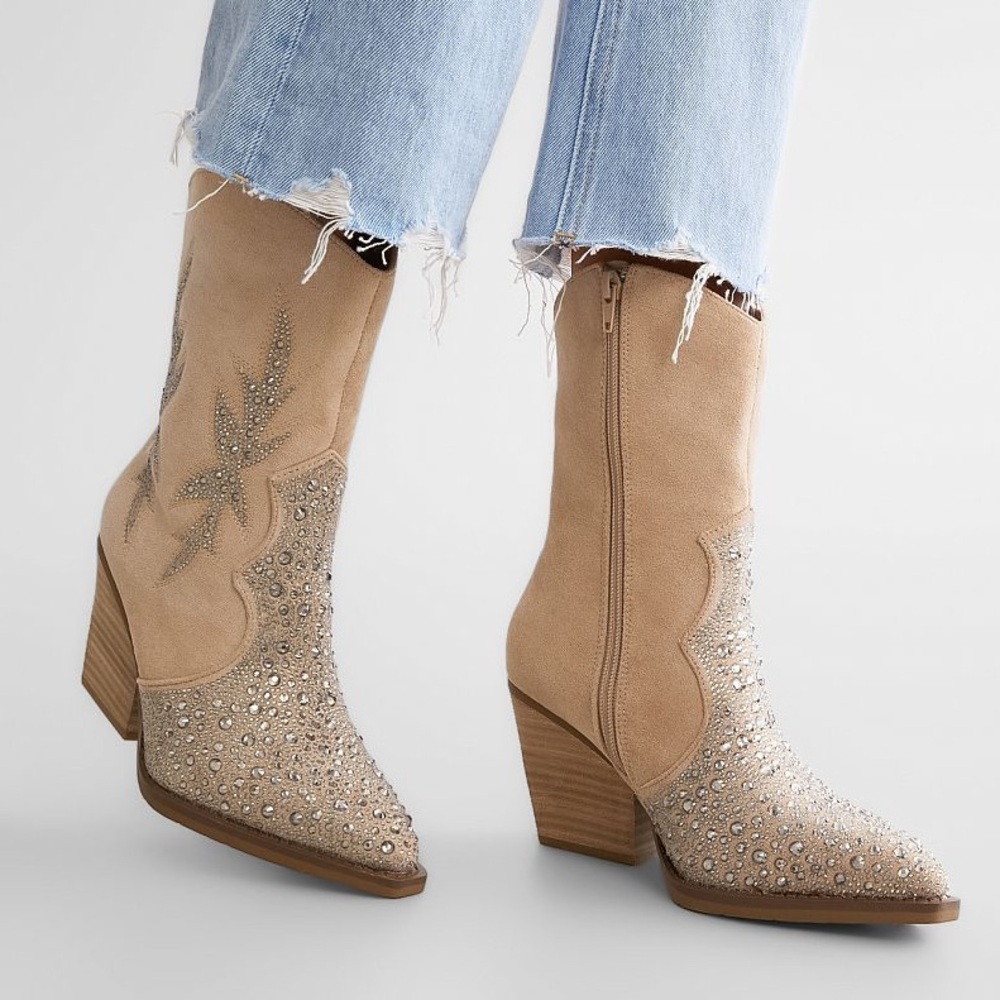 Buckle Tan Suede Crystal-Stud Western Ankle Boots